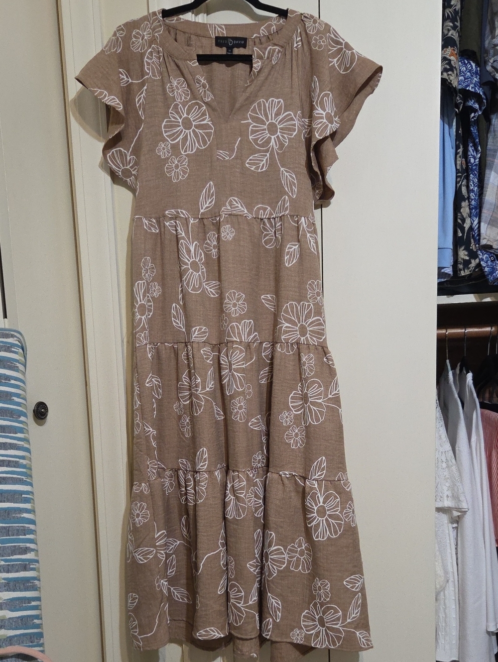 new directions Tiered Ruffle Taupe Maxi Dress with White Floral Print